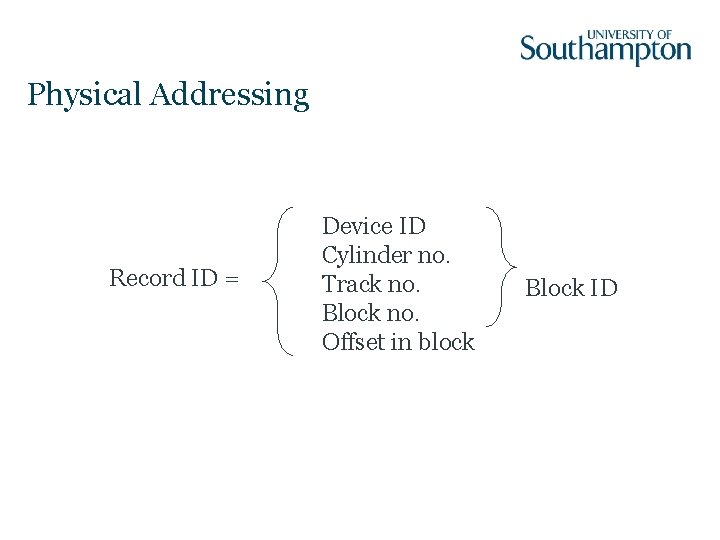 Physical Addressing Record ID = Device ID Cylinder no. Track no. Block no. Offset