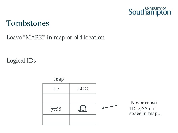 Tombstones Leave “MARK” in map or old location Logical IDs map ID 7788 LOC