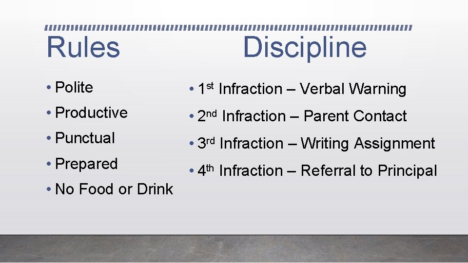 Rules Discipline • Polite • 1 st Infraction – Verbal Warning • Productive •