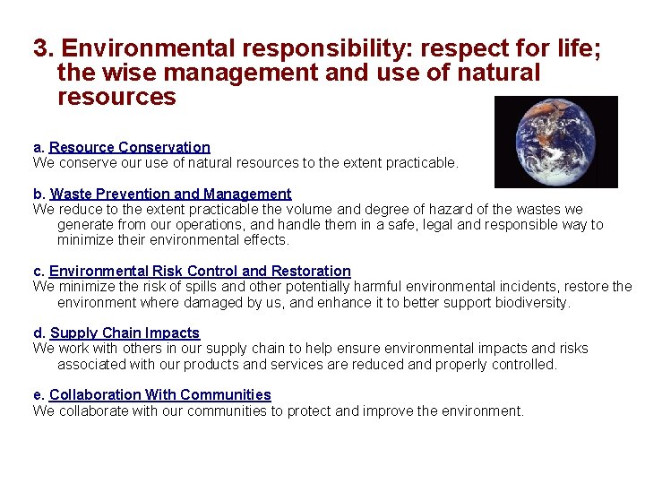 3. Environmental responsibility: respect for life; the wise management and use of natural resources