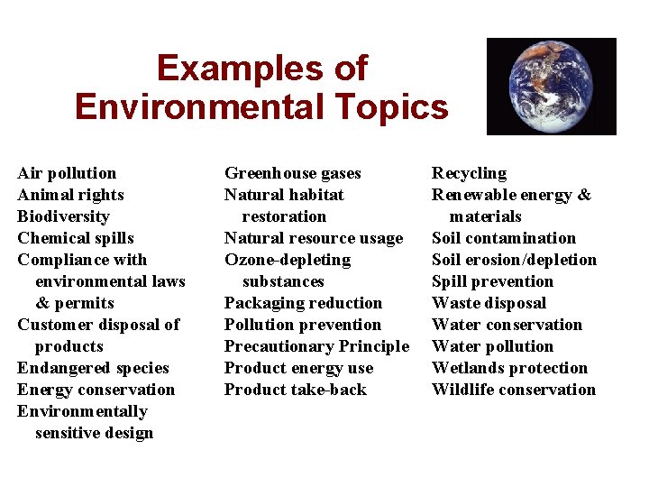 Examples of Environmental Topics Air pollution Animal rights Biodiversity Chemical spills Compliance with environmental