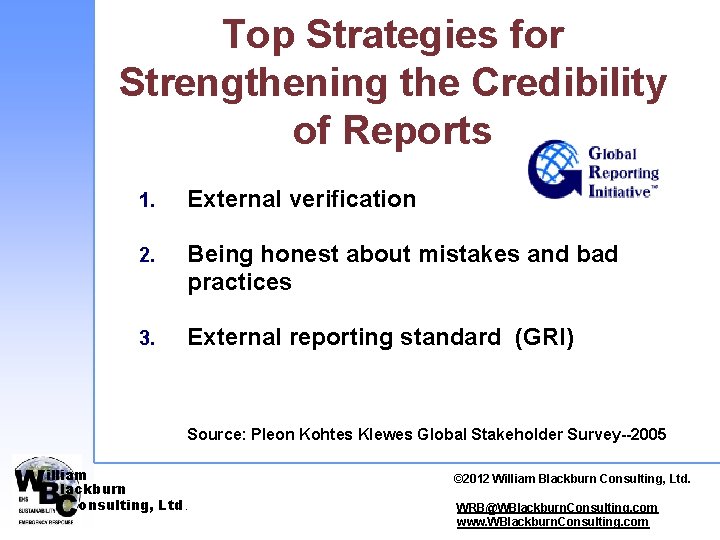 Top Strategies for Strengthening the Credibility of Reports 1. External verification 2. Being honest