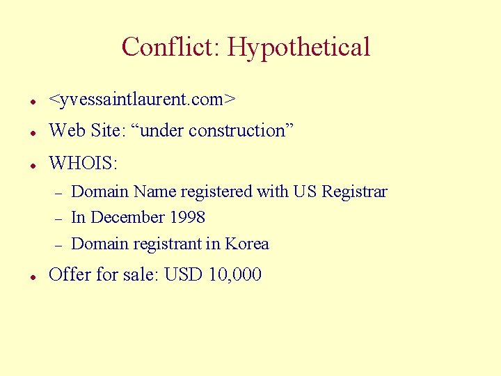 Conflict: Hypothetical l <yvessaintlaurent. com> l Web Site: “under construction” l WHOIS: – –
