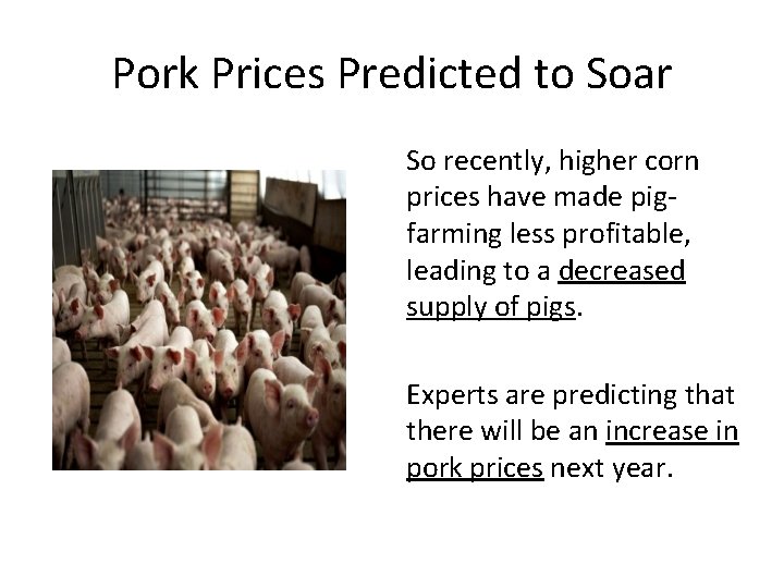 Pork Prices Predicted to Soar So recently, higher corn prices have made pigfarming less