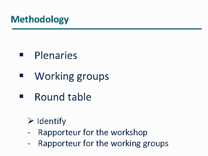 Methodology § Plenaries § Working groups § Round table Ø Identify - Rapporteur for
