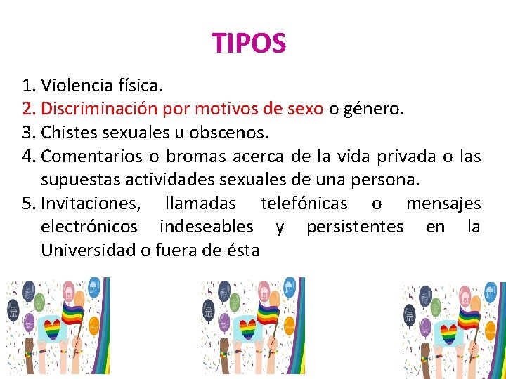 TIPOS 1. Violencia física. 2. Discriminación por motivos de sexo o género. 3. Chistes