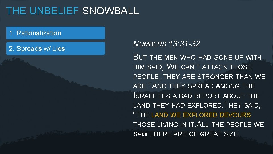 THE UNBELIEF SNOWBALL 1. Rationalization 2. Spreads w/ Lies NUMBERS 13: 31 -32 BUT