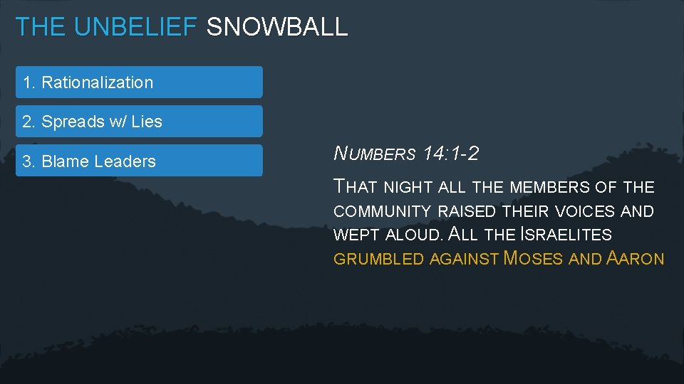 THE UNBELIEF SNOWBALL 1. Rationalization 2. Spreads w/ Lies 3. Blame Leaders NUMBERS 14: