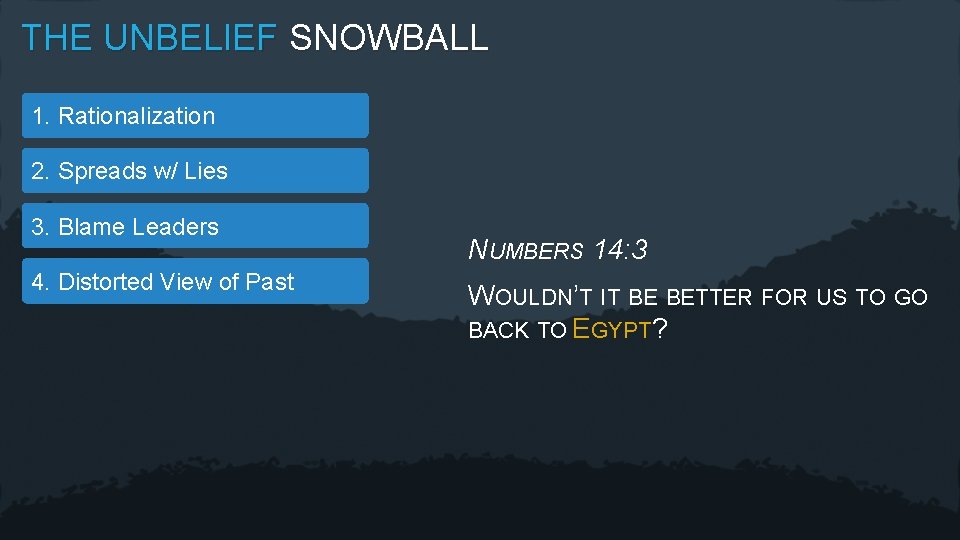 THE UNBELIEF SNOWBALL 1. Rationalization 2. Spreads w/ Lies 3. Blame Leaders 4. Distorted