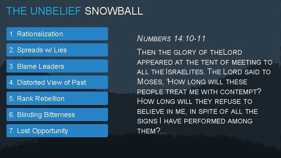 THE UNBELIEF SNOWBALL 1. Rationalization 2. Spreads w/ Lies 3. Blame Leaders 4. Distorted