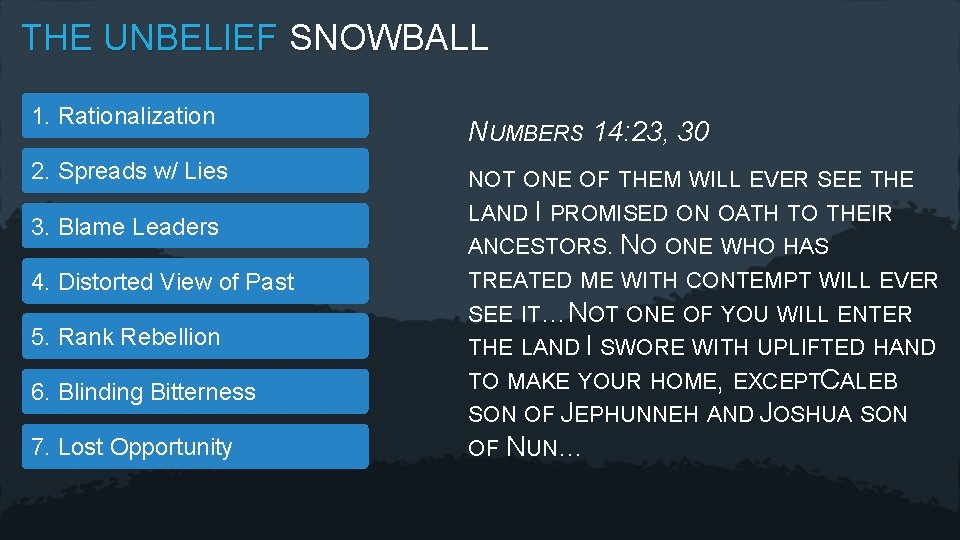THE UNBELIEF SNOWBALL 1. Rationalization 2. Spreads w/ Lies 3. Blame Leaders 4. Distorted