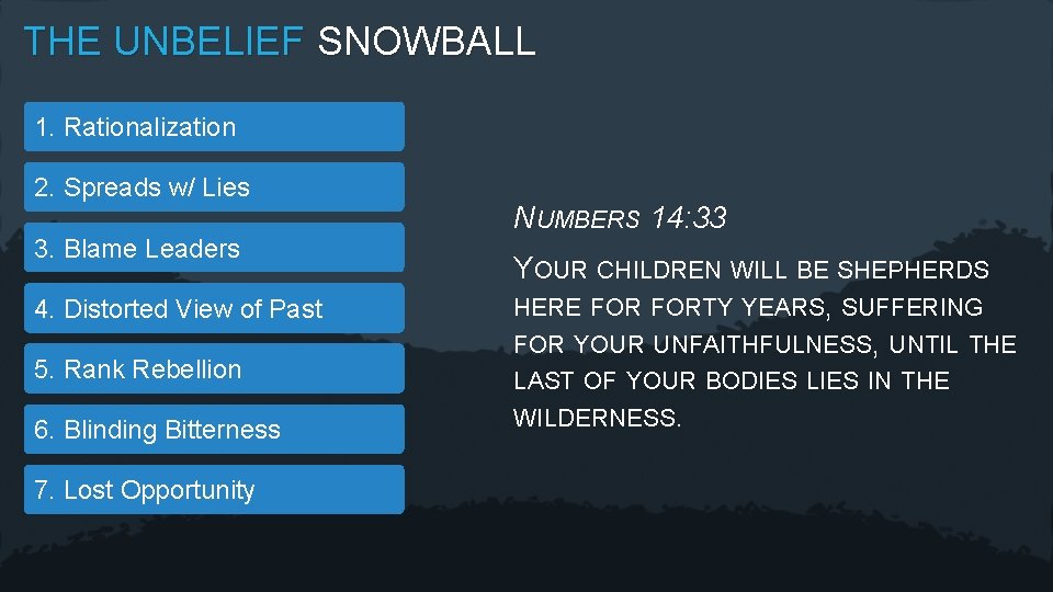 THE UNBELIEF SNOWBALL 1. Rationalization 2. Spreads w/ Lies 3. Blame Leaders 4. Distorted