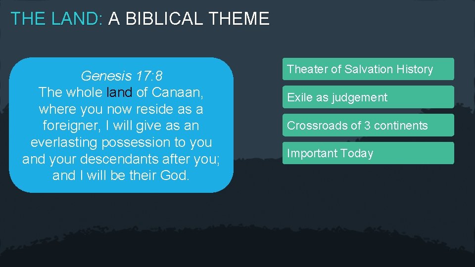 THE LAND: A BIBLICAL THEME Genesis 17: 8 The whole land of Canaan, where