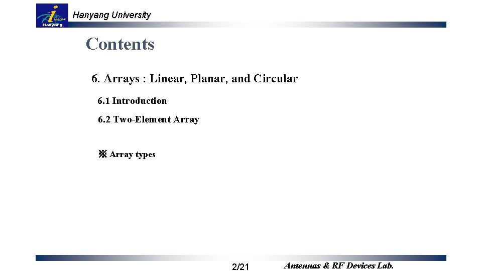 Hanyang University Contents 6. Arrays : Linear, Planar, and Circular 6. 1 Introduction 6.