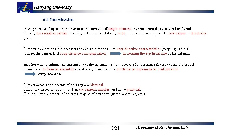 Hanyang University 6. 1 Introduction In the previous chapter, the radiation characteristics of single-element