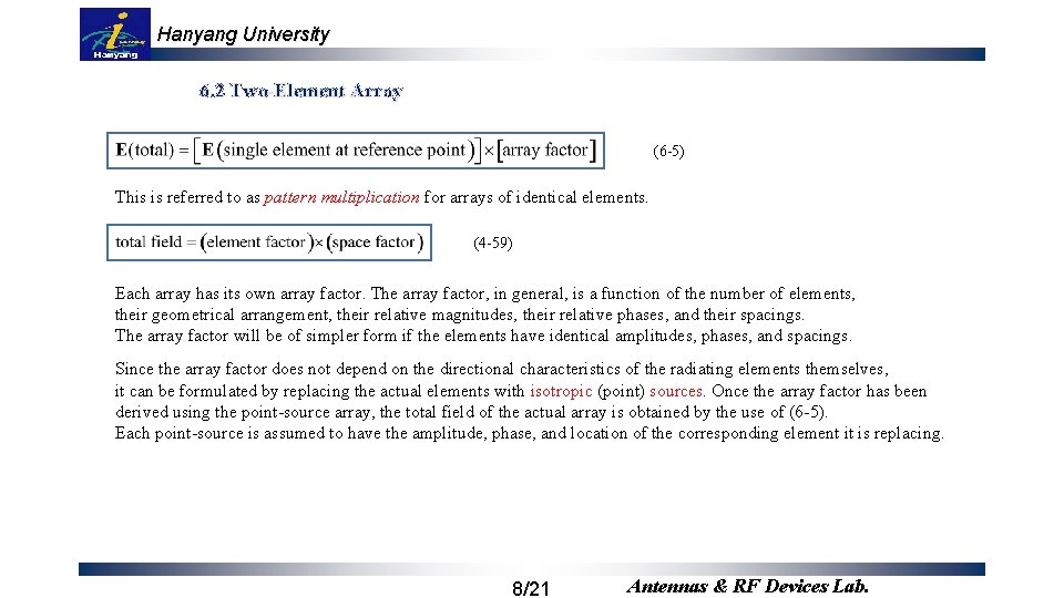 Hanyang University 6. 2 Two-Element Array (6 -5) This is referred to as pattern