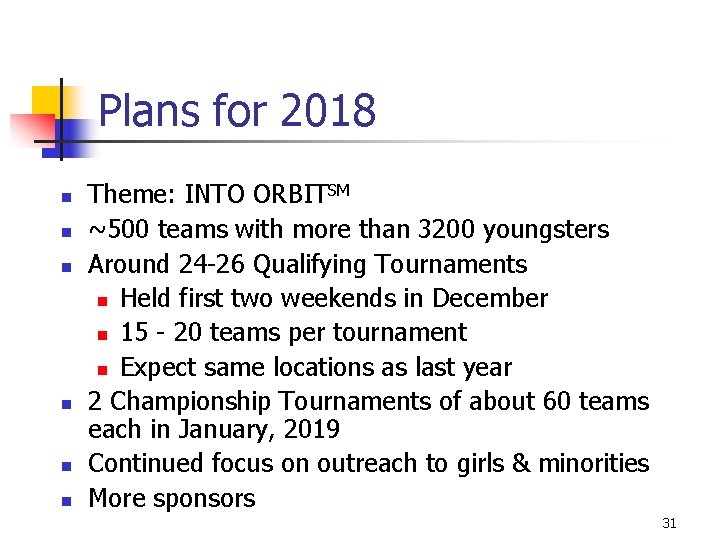 Plans for 2018 n n n Theme: INTO ORBITSM ~500 teams with more than