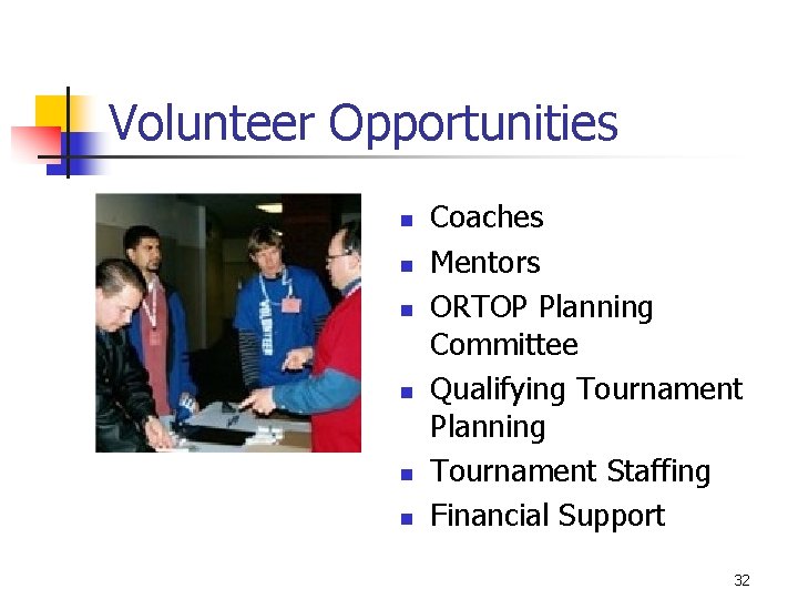 Volunteer Opportunities n n n Coaches Mentors ORTOP Planning Committee Qualifying Tournament Planning Tournament