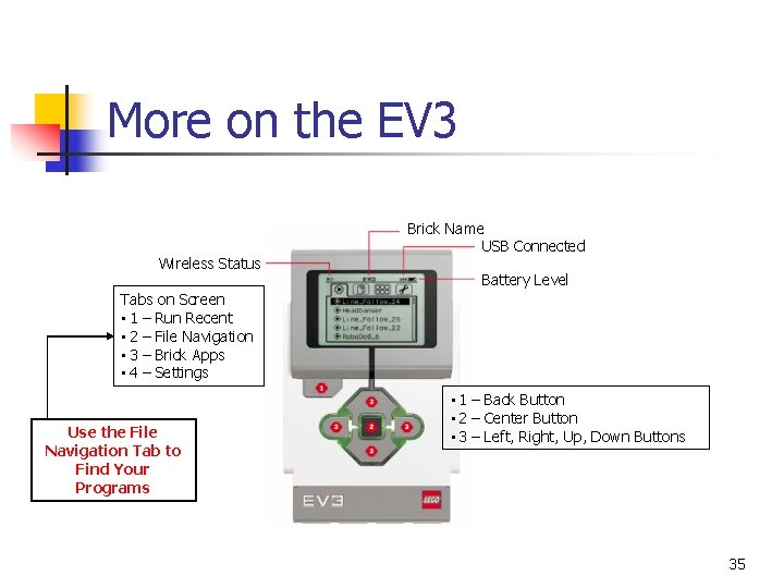 More on the EV 3 Wireless Status Brick Name USB Connected Battery Level Tabs