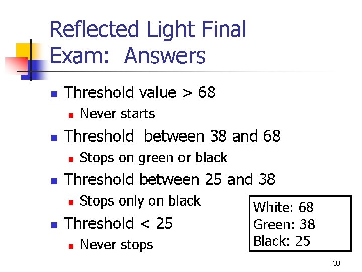 Reflected Light Final Exam: Answers n Threshold value > 68 n n Threshold between