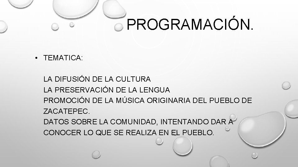 PROGRAMACIÓN. • TEMATICA: LA DIFUSIÓN DE LA CULTURA LA PRESERVACIÓN DE LA LENGUA PROMOCIÓN