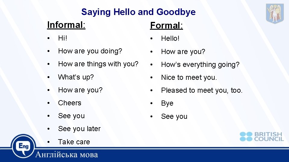 Saying Hello and Goodbye Informal: Formal: • Hi! • Hello! • How are you Saying Hello and Goodbye Informal: Formal: • Hi! • Hello! • How are you