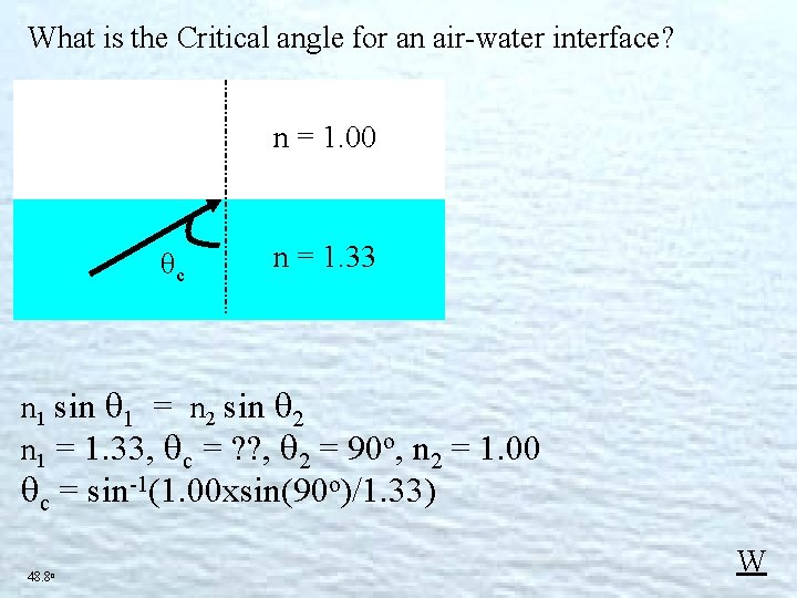 What is the Critical angle for an air-water interface? n = 1. 00 θc