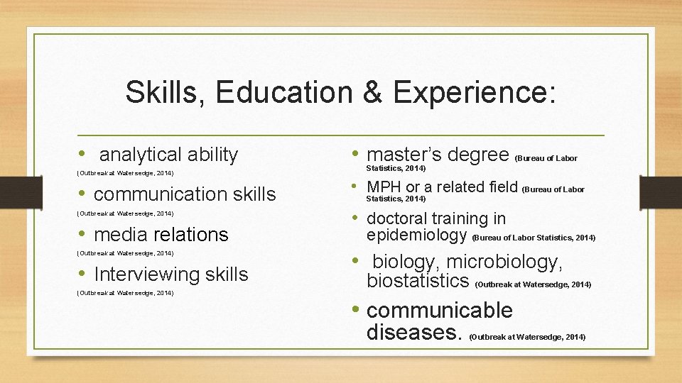Skills, Education & Experience: • analytical ability (Outbreak at Watersedge, 2014) • communication skills