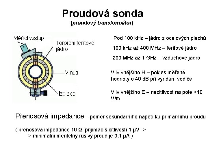 Proudová sonda (proudový transformátor) Pod 100 k. Hz – jádro z ocelových plechů 100