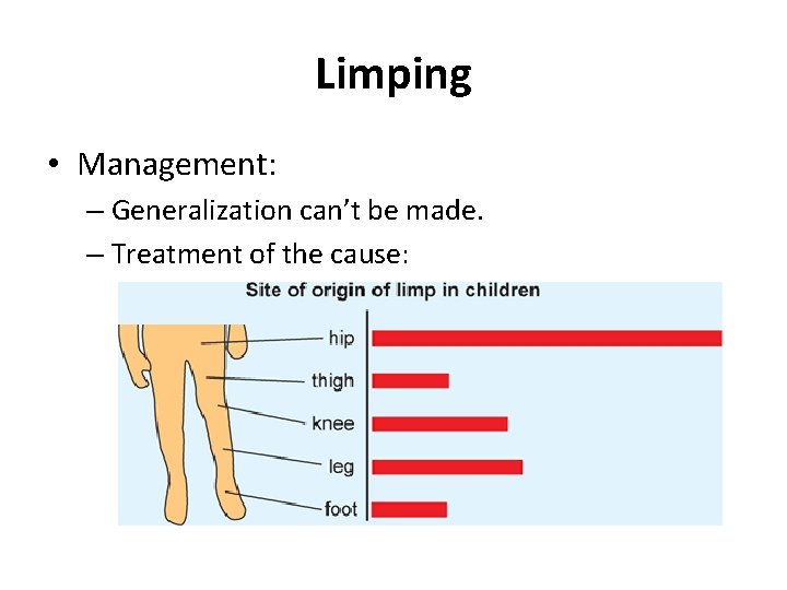 Limping • Management: – Generalization can’t be made. – Treatment of the cause: 