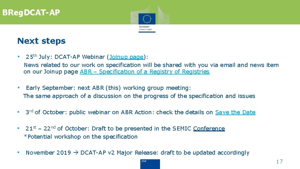 BReg. DCAT-AP Next steps • 25 th July: DCAT-AP Webinar (Joinup page): News related