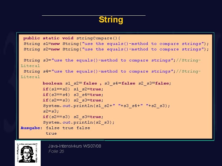 String public static void string. Compare(){ String s 1=new String("use the equals()-method to compare