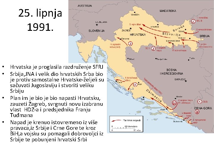 25. lipnja 1991. • Hrvatska je proglasila razdruženje SFRJ • Srbija, JNA i velik
