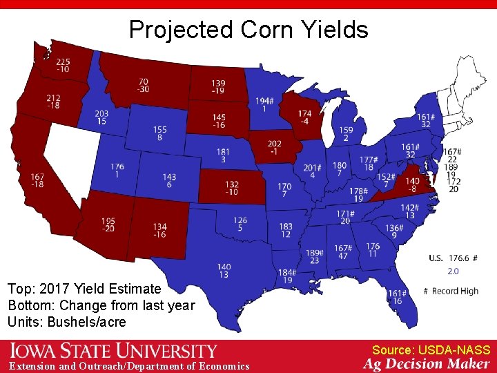 Projected Corn Yields Top: 2017 Yield Estimate Bottom: Change from last year Units: Bushels/acre