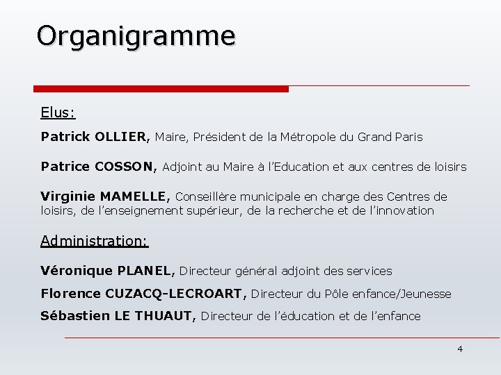 Organigramme Elus: Patrick OLLIER, Maire, Président de la Métropole du Grand Paris Patrice COSSON,