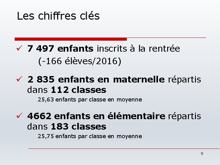 Les chiffres clés ü 7 497 enfants inscrits à la rentrée (-166 élèves/2016) ü