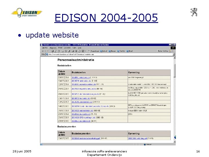 EDISON 2004 -2005 • update website 28 juni 2005 infosessie softwareleveranciers Departement Onderwijs 16