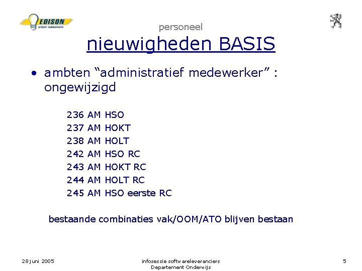 personeel nieuwigheden BASIS • ambten “administratief medewerker” : ongewijzigd 236 237 238 242 243