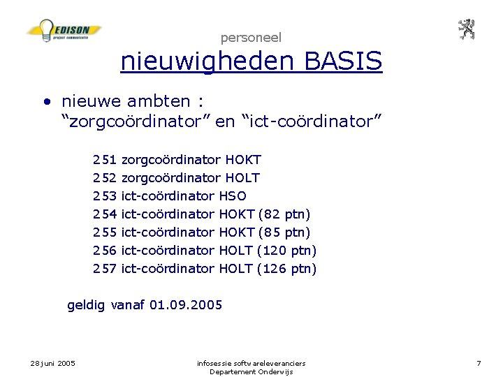 personeel nieuwigheden BASIS • nieuwe ambten : “zorgcoördinator” en “ict-coördinator” 251 252 253 254