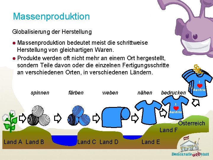 Massenproduktion Globalisierung der Herstellung ● Massenproduktion bedeutet meist die schrittweise Herstellung von gleichartigen Waren.