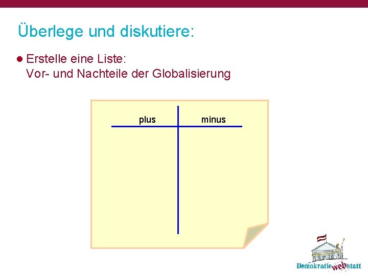 Überlege und diskutiere: ● Erstelle eine Liste: Vor- und Nachteile der Globalisierung plus minus