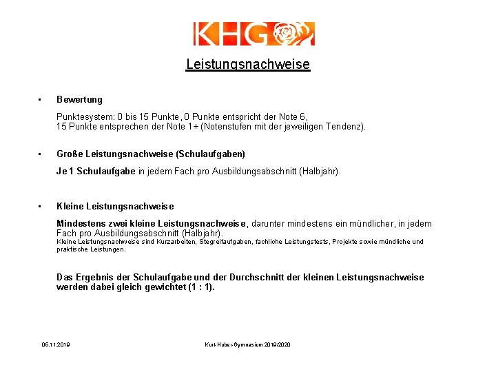 Leistungsnachweise • Bewertung Punktesystem: 0 bis 15 Punkte, 0 Punkte entspricht der Note 6,