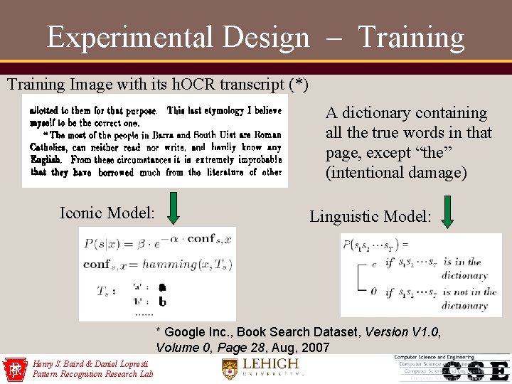 Experimental Design – Training Image with its h. OCR transcript (*) A dictionary containing
