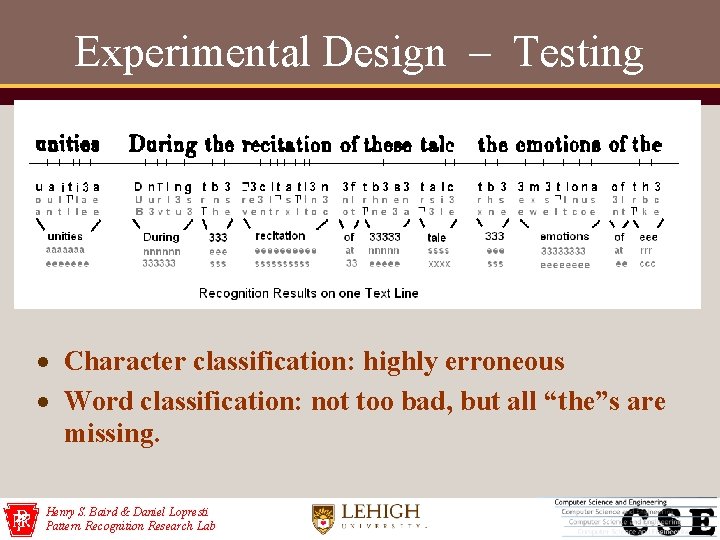 Experimental Design – Testing Character classification: highly erroneous Word classification: not too bad, but