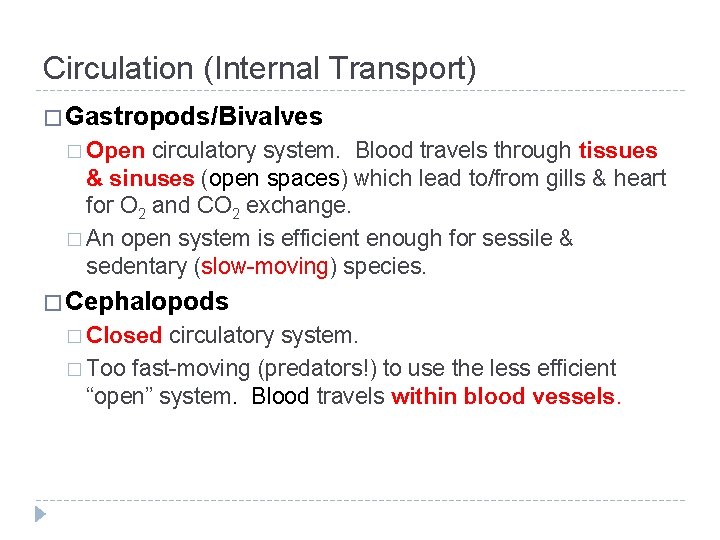Circulation (Internal Transport) � Gastropods/Bivalves � Open circulatory system. Blood travels through tissues &