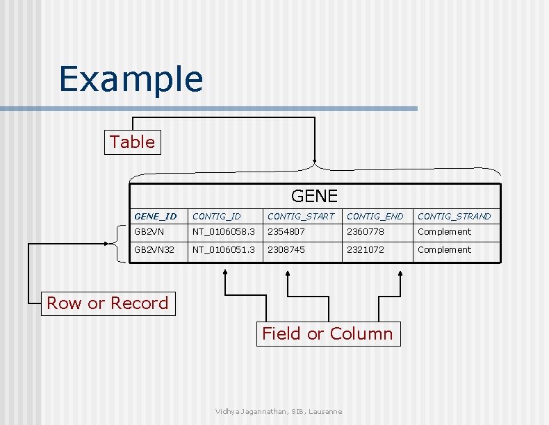 Example Table GENE_ID CONTIG_START CONTIG_END CONTIG_STRAND GB 2 VN NT_0106058. 3 2354807 2360778 Complement
