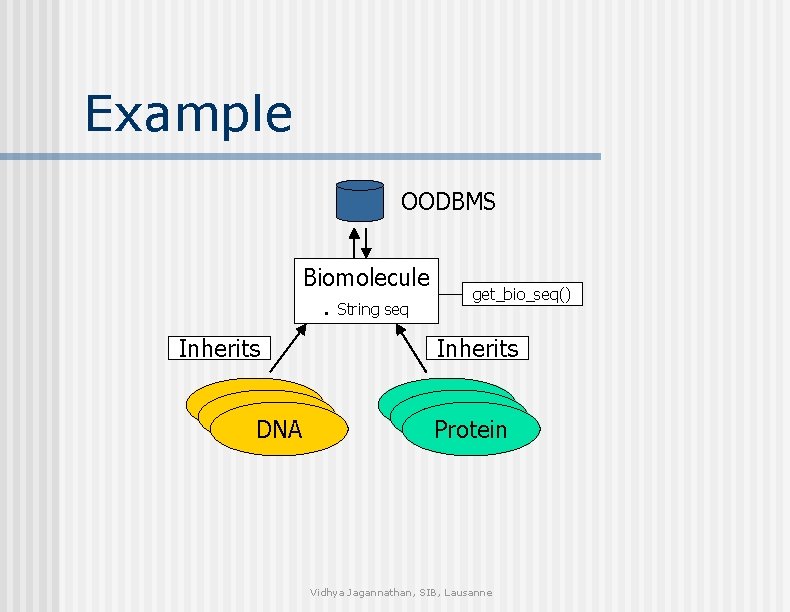 Example OODBMS Biomolecule. String seq Inherits DNA DNA get_bio_seq() Inherits Protein Vidhya Jagannathan, SIB,
