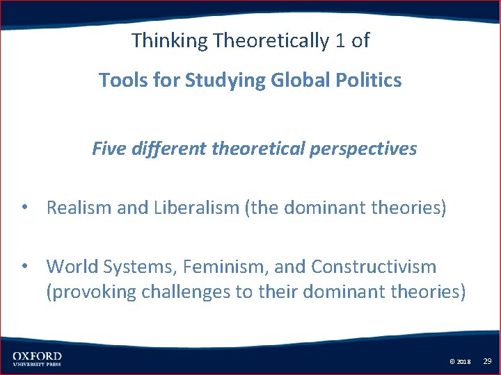 Thinking Theoretically 1 of Tools for Studying Global Politics Five different theoretical perspectives •
