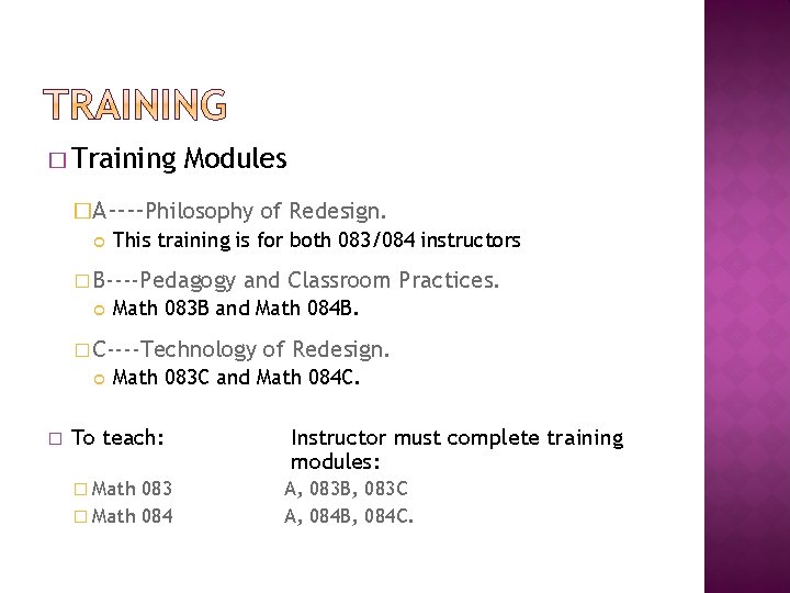 � Training Modules �A----Philosophy of Redesign. This training is for both 083/084 instructors �