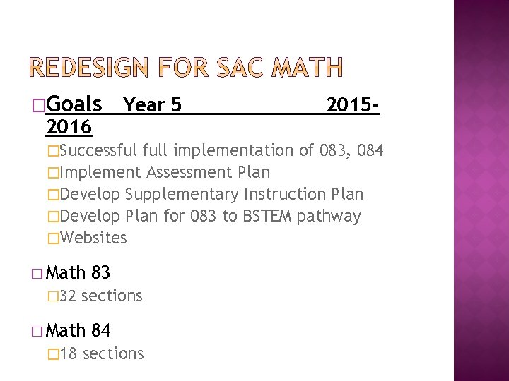 �Goals 2016 Year 5 �Successful 2015 - full implementation of 083, 084 �Implement Assessment